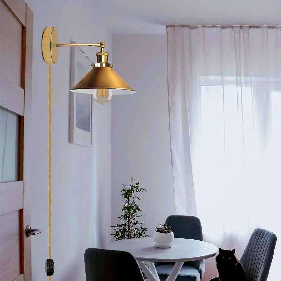 Industrial style plug in wall light with metal cone shade and adjustable arm, featuring a 2m dimmer switch cable