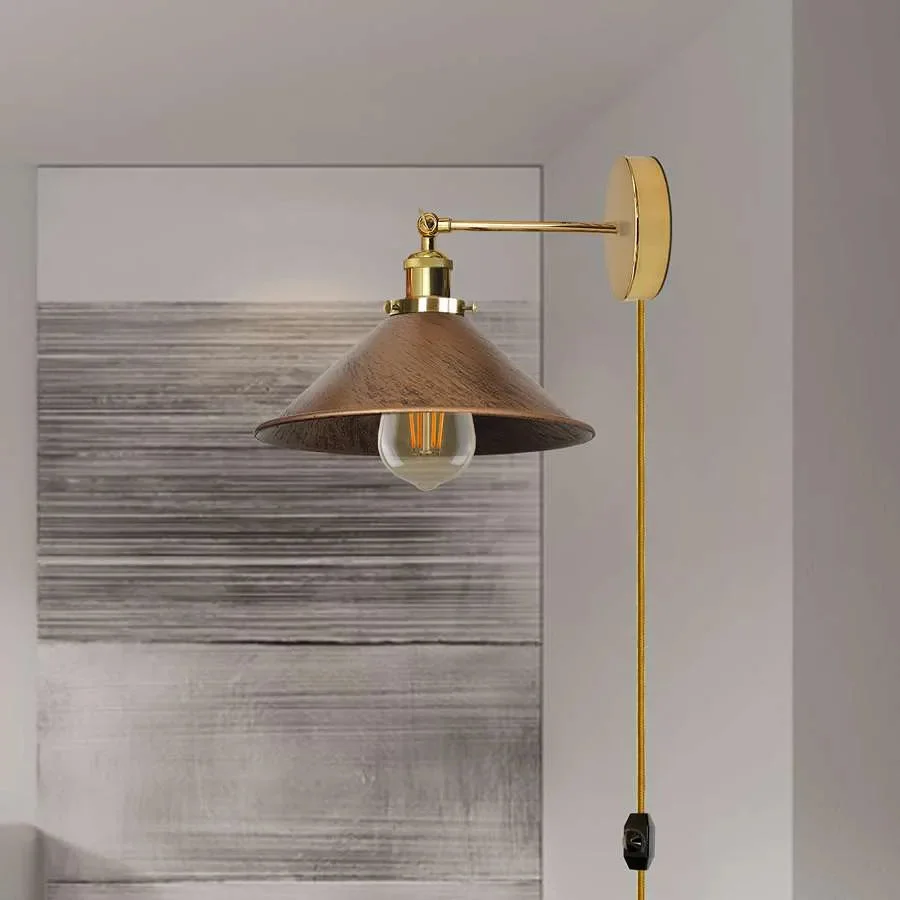 Industrial metal dimmable wall lamp with cone fabric shade and adjustable arm, plug-in with 2m cable and dimmer switch