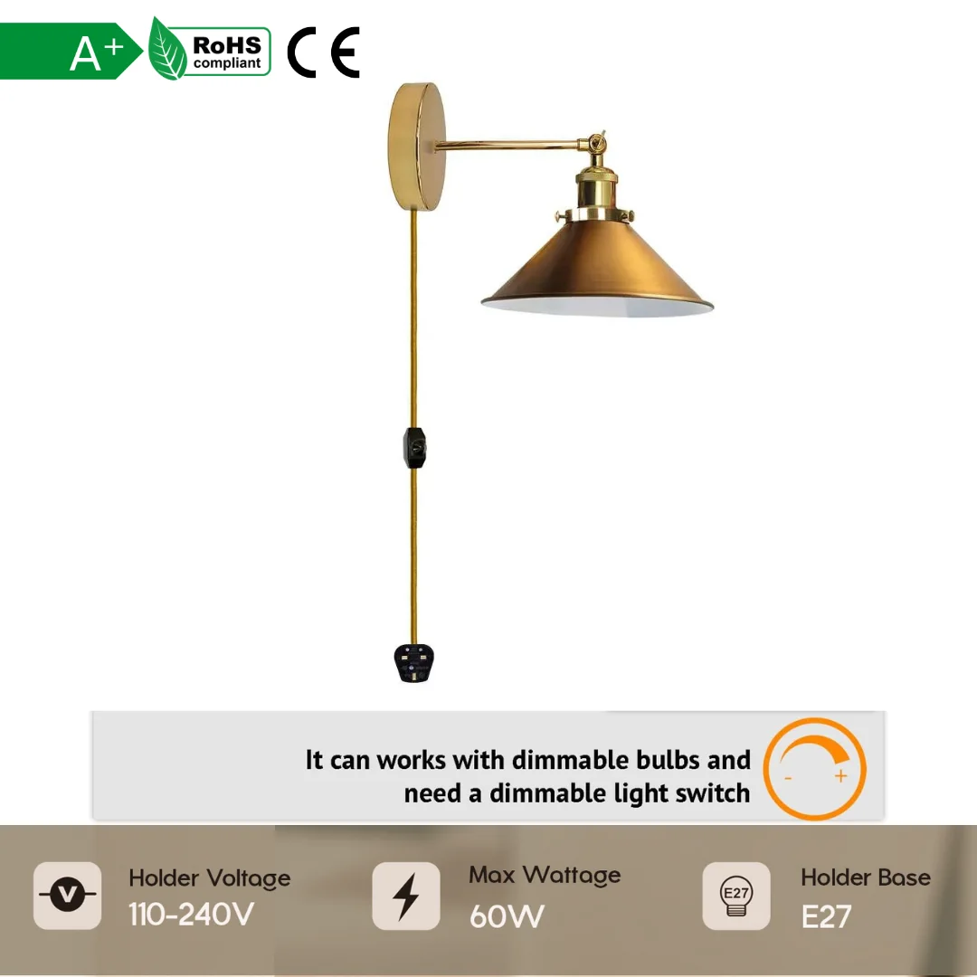 Industrial style E27 bulb wall light with cone fabric shade and adjustable metal arm, plug-in with dimmer switch on wall