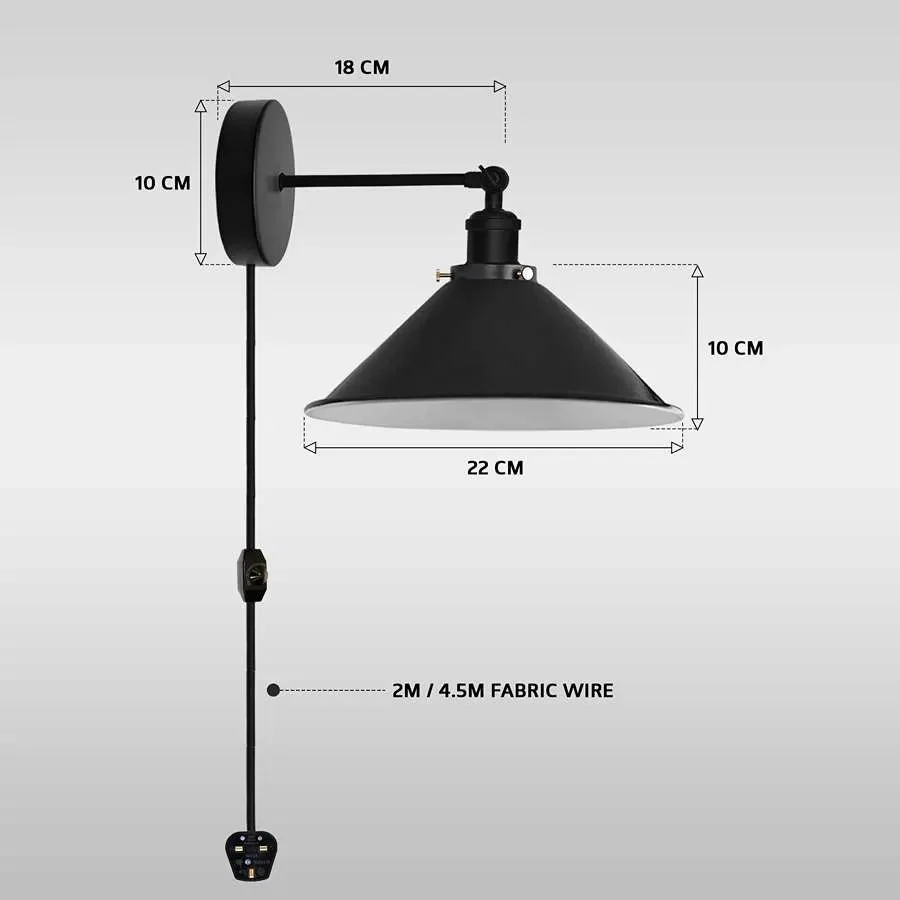 Industrial adjustable arm wall light with cone fabric shade and dimmer switch, plug-in design with 2m cable
