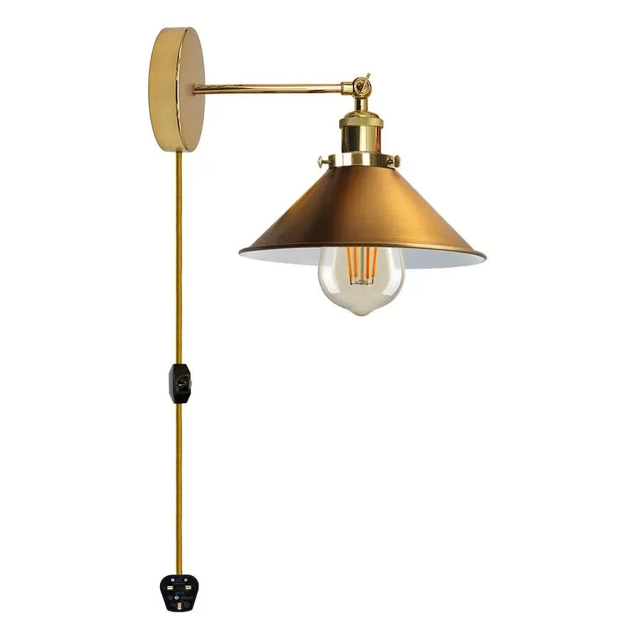 Industrial metal bedside plug in light with cone fabric shade and adjustable arm, dimmer switch, 2m cable plugged into wall socket