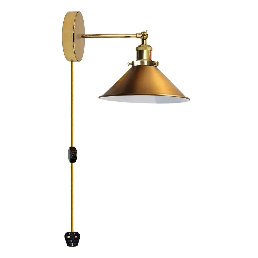 Industrial plug in wall light with metal cone shade, adjustable arm, and 2m dimmer cable for easy installation