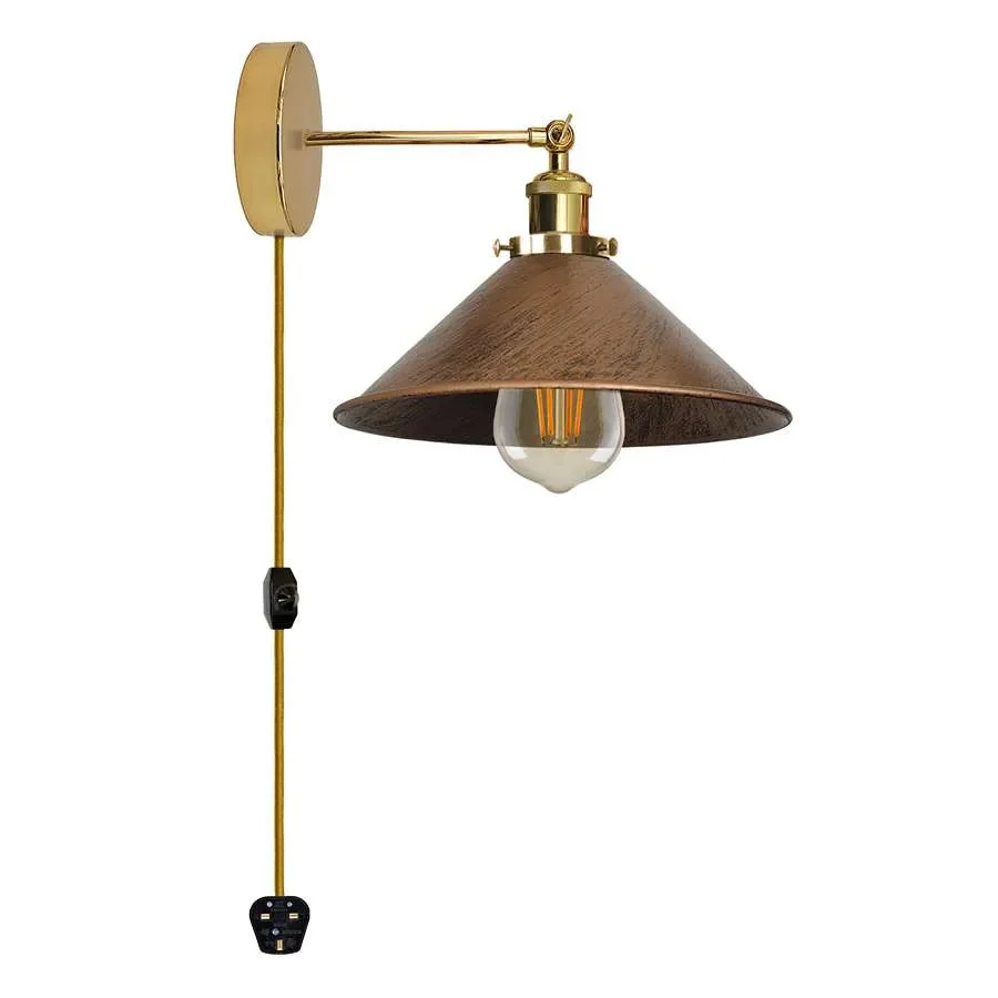 Industrial metal plug in wall light with cone fabric shade and adjustable arm, dimmer switch and 2m cable visible
