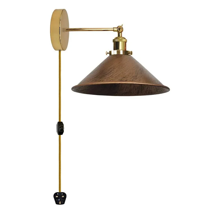 Industrial metal plug in wall light with adjustable cone shade and fabric cable with dimmer switch on white wall