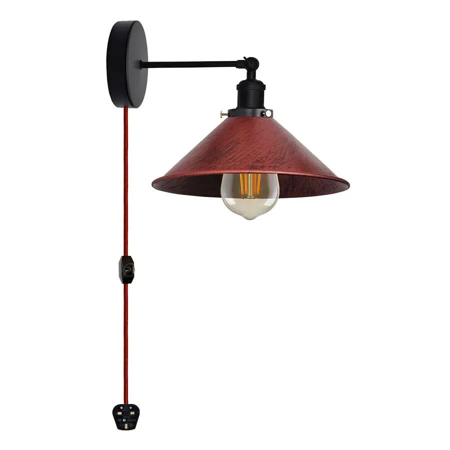 Industrial metal plug in wall light with cone fabric shade and adjustable arm, shown with dimmer switch and 2m cable
