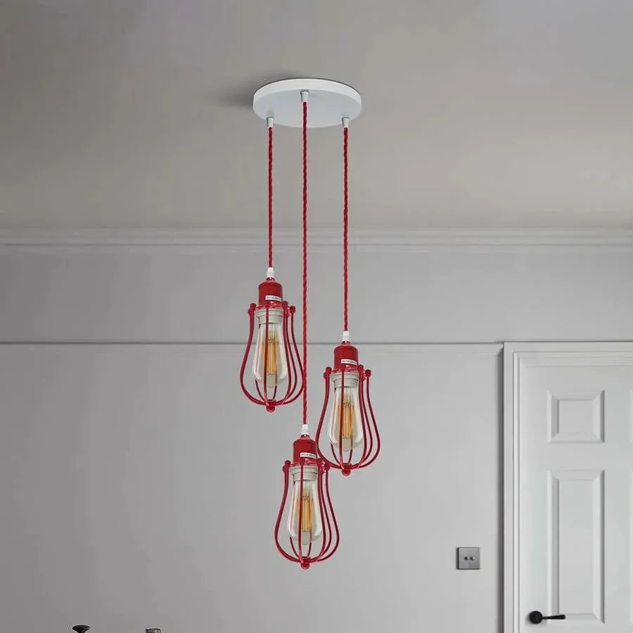 Three red cage pendant lights with metal industrial design hanging cluster, ceiling mounted with 95cm cables