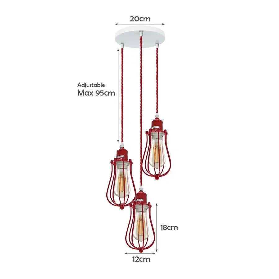 Red 3-light industrial pendant light with metal cage shades hanging from ceiling mount, retro style, dimmable design