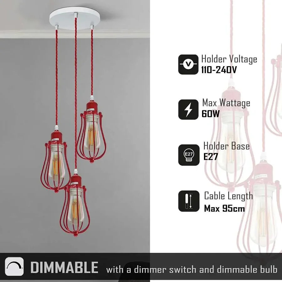 Red metal 3 light hanging pendant with cage design, industrial style, ceiling mounted with 95cm cable length.