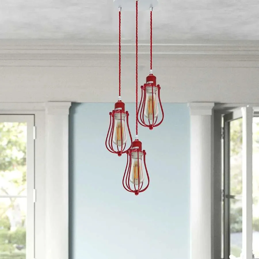 Red metal 3 light cage cluster dimmable ceiling light with E27 bulb holders and 95cm cable length hanging pendant