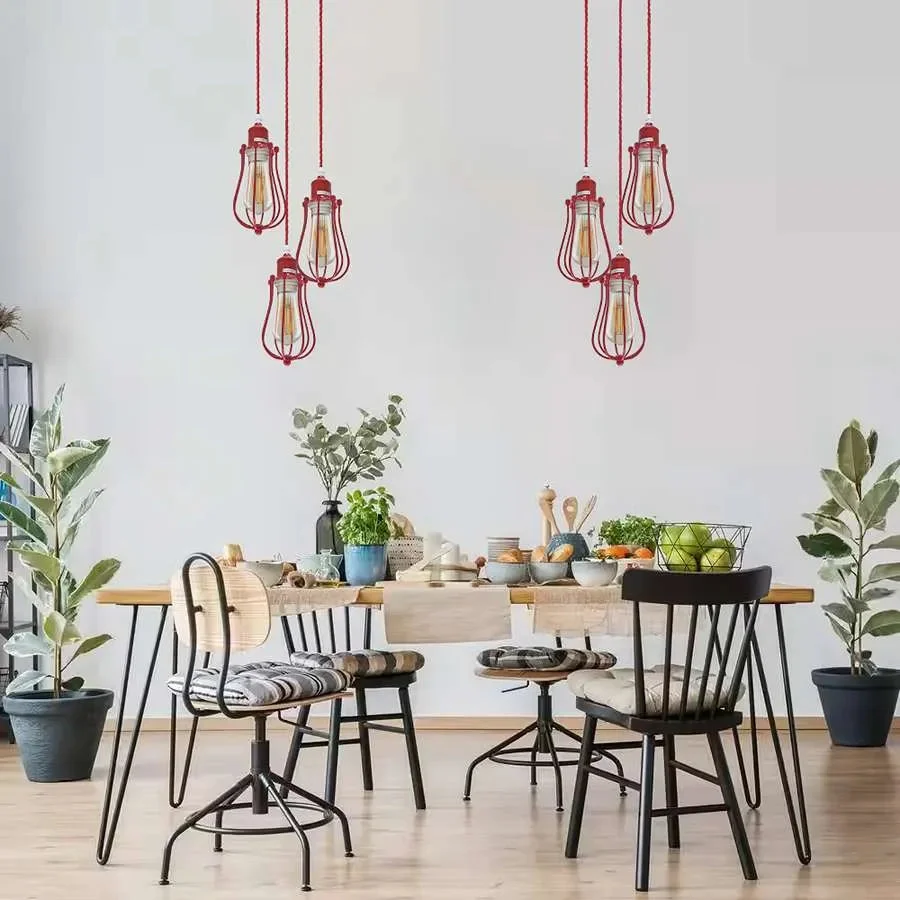 Red 3 light cage cluster hanging pendant light with metal frame, suitable for E27 bulb pendant light installation