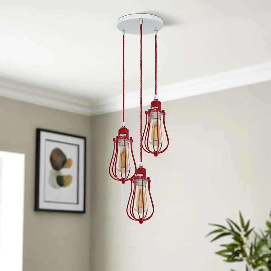 Three red cage pendant lights with metal cages hanging from ceiling, industrial retro style, dimmable E27 bulb holders