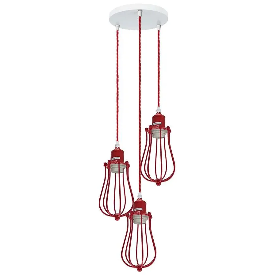 Three red cage pendant light heads hanging from a single ceiling mount with metal cages and E27 bulb holders