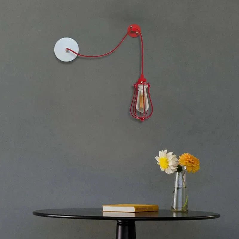 Single metal industrial ceiling pendant light with cage design and adjustable hanging cable against white background