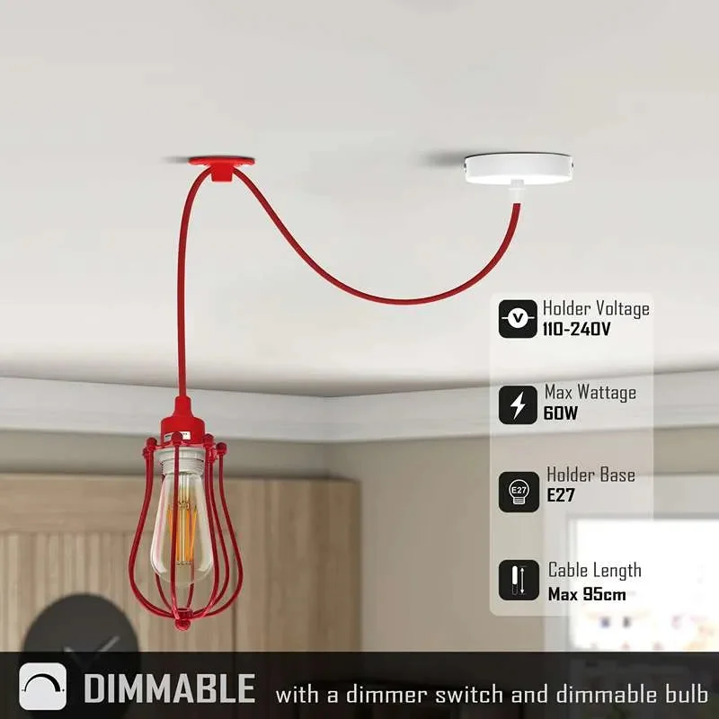 Industrial style metal ceiling light with single cage pendant, adjustable cable, and E27 bulb holder hanging from ceiling