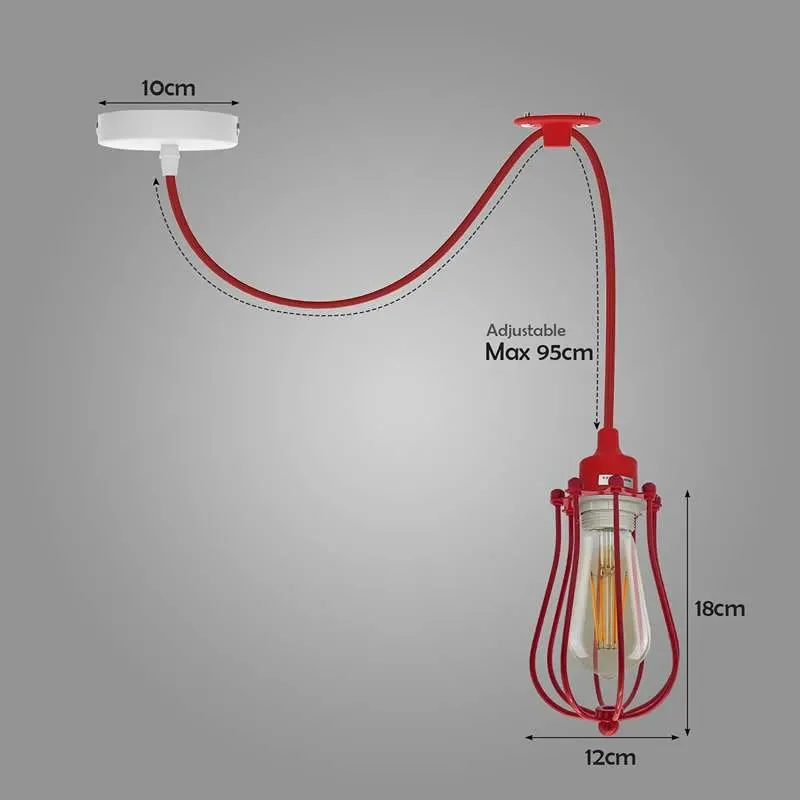 Industrial style single ceiling pendant lamp with metal cage and adjustable cable pendant hanging from ceiling rose