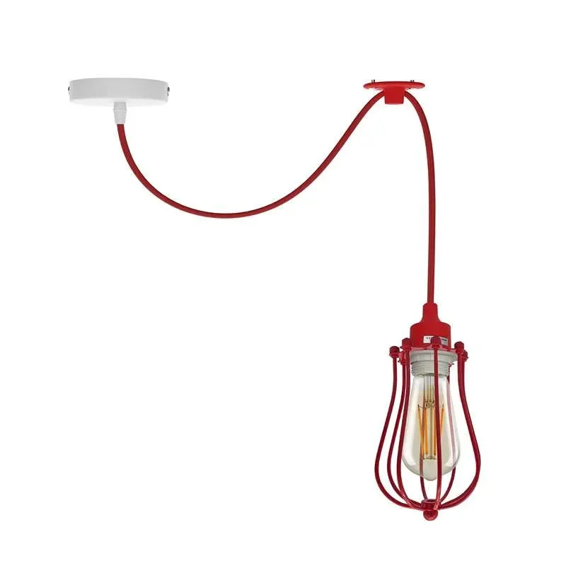 Single industrial metal cage E27 bulb pendant light with adjustable 95cm cable and ceiling rose, dimmable design