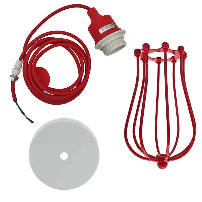 Industrial ceiling pendant light with metal cage, adjustable cable, and E27 bulb holder hanging from ceiling