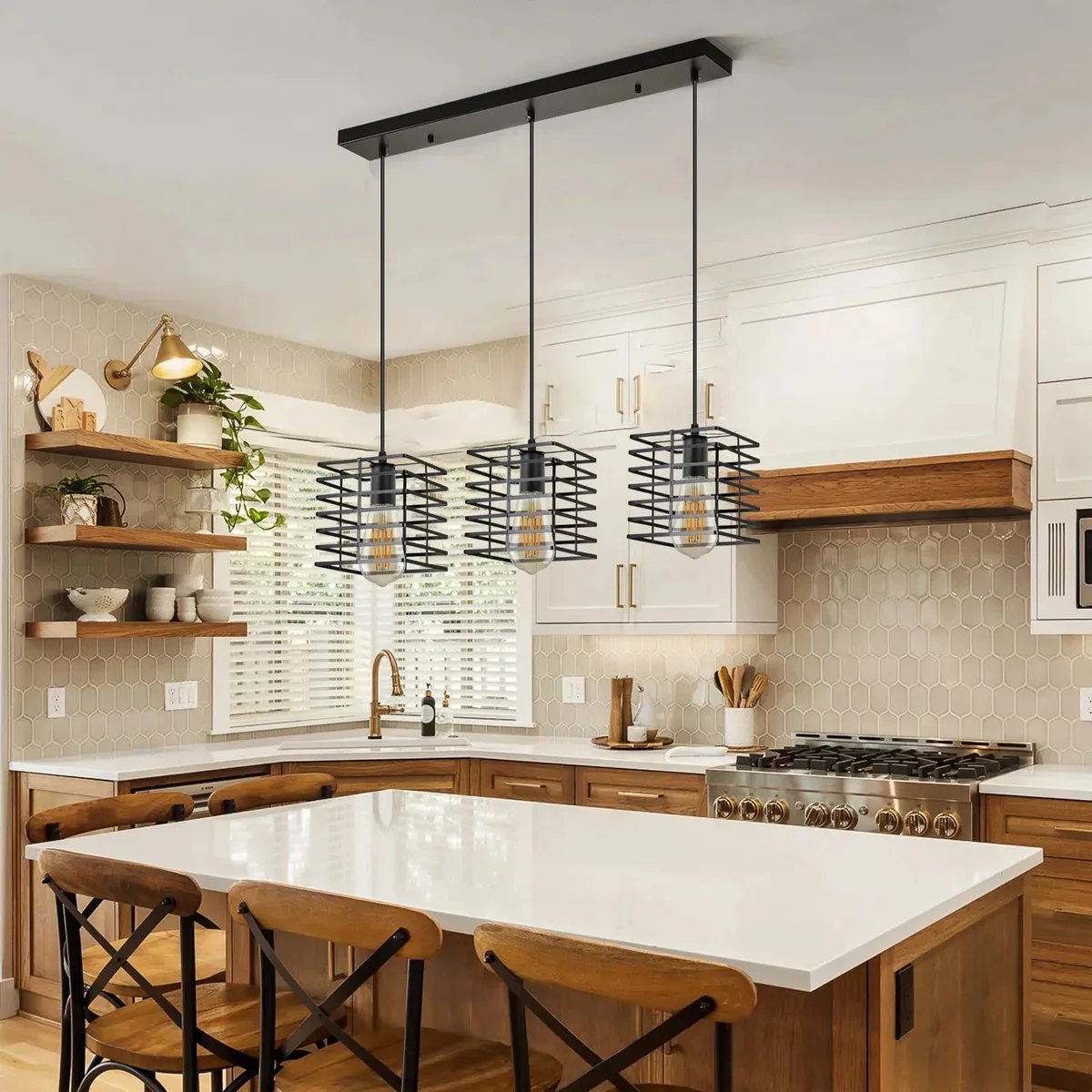 Black metal cluster pendant light with three square wire cages and adjustable hanging cords in modern industrial style