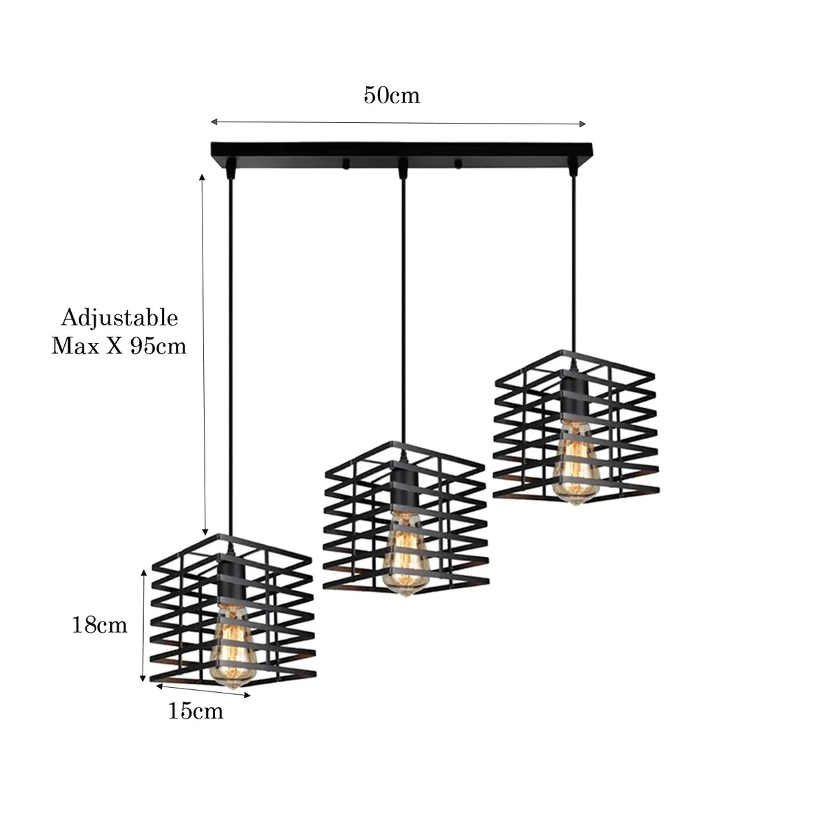 Black metal 3-light square wire cage cluster pendant with adjustable cords and E27 bulb pendant sockets