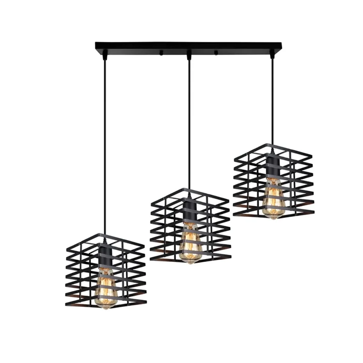 Three black metal square wire cages clustered pendant light with adjustable cords, showcasing a modern cluster light design