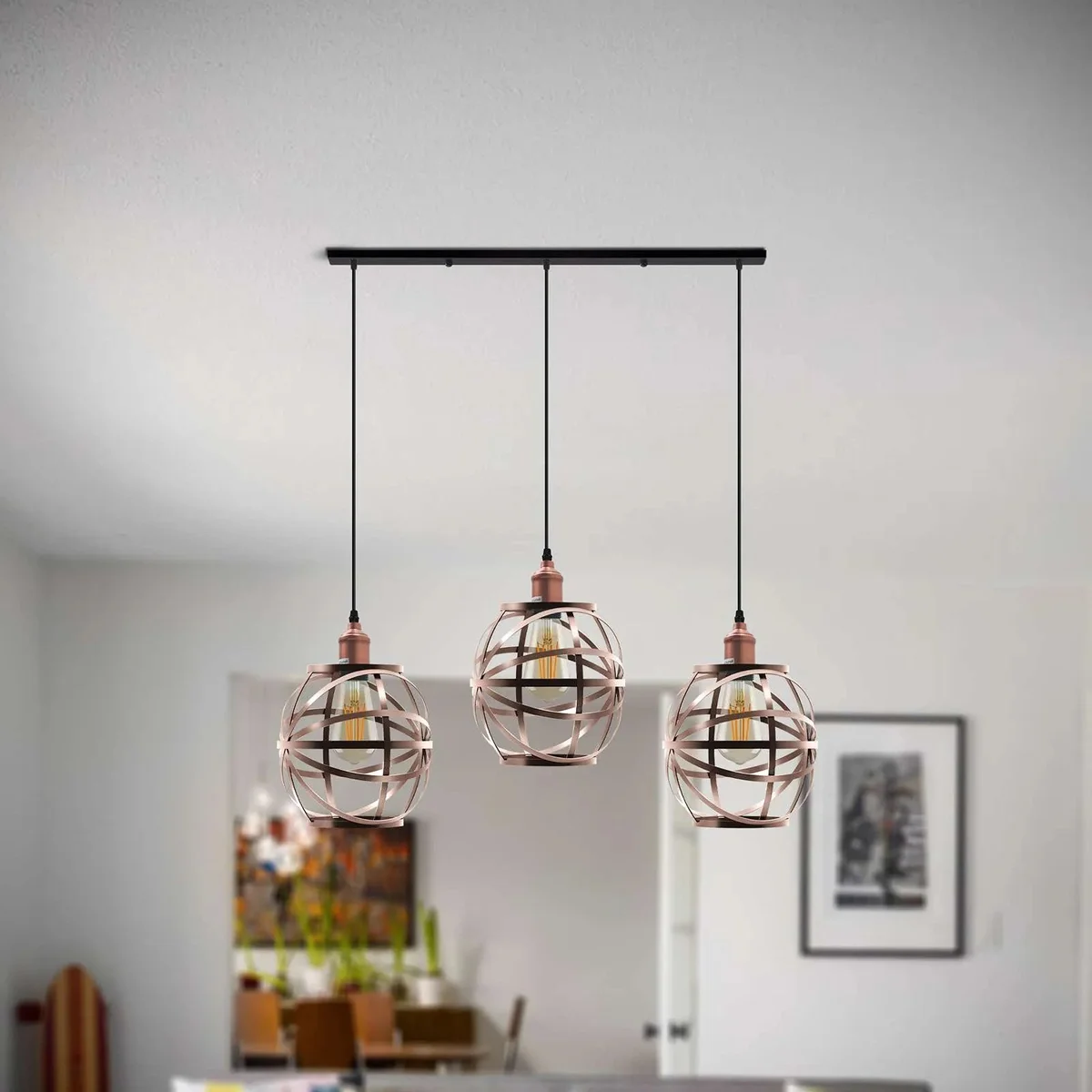 Three-head industrial pendant light with black wire cage shades and adjustable 1m cable, ceiling mounted design