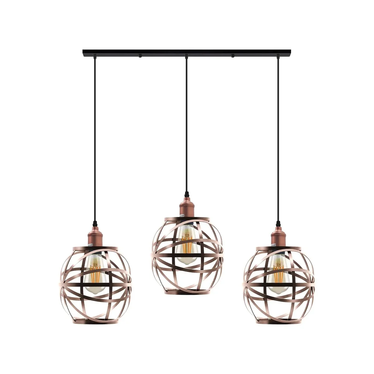 Three-head wire cage pendant light with black metal cages and adjustable 1m cable, ceiling mounted industrial style fixture