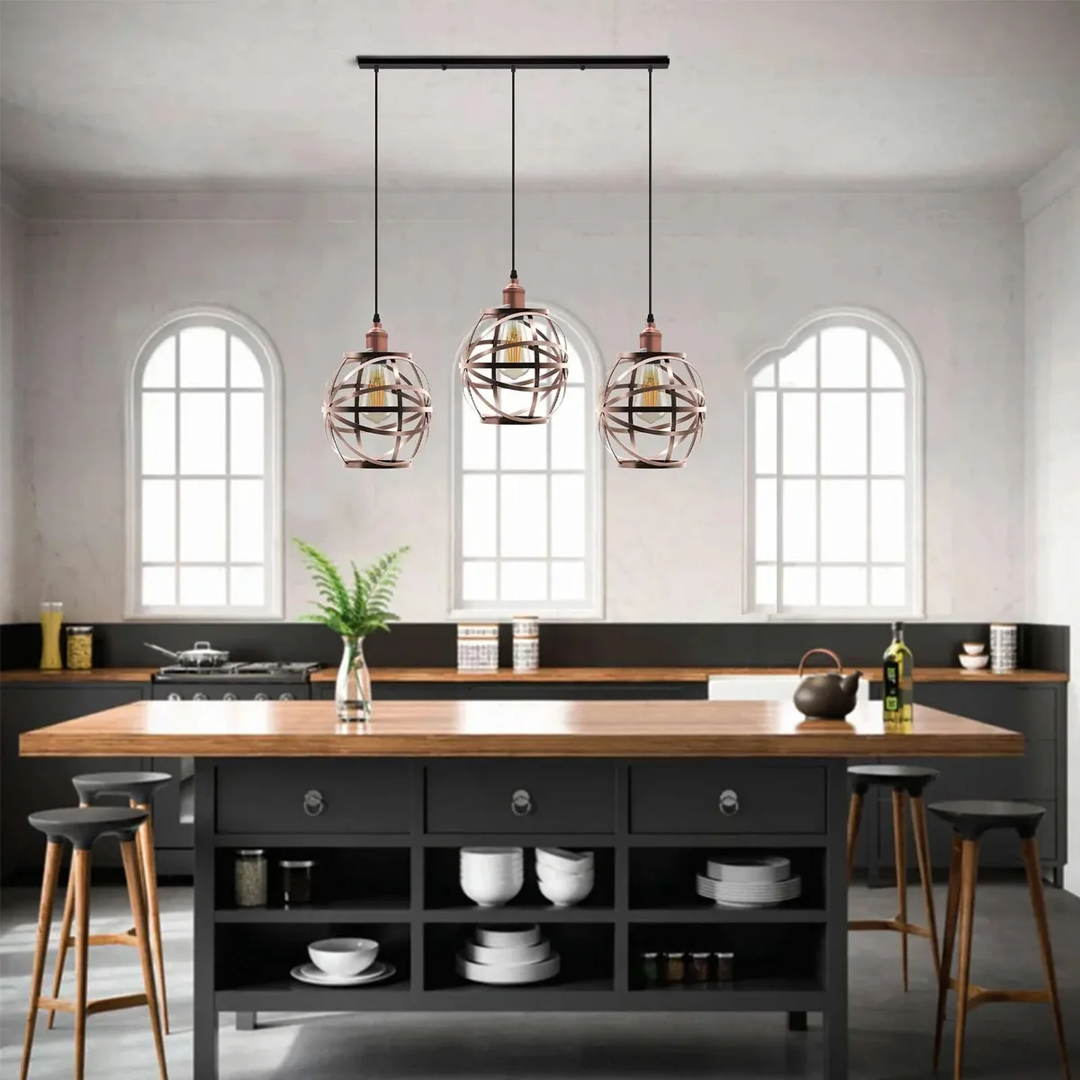 Three-head wire cage dimmable ceiling light with metal frame and adjustable 1m cable, industrial style pendant lamp