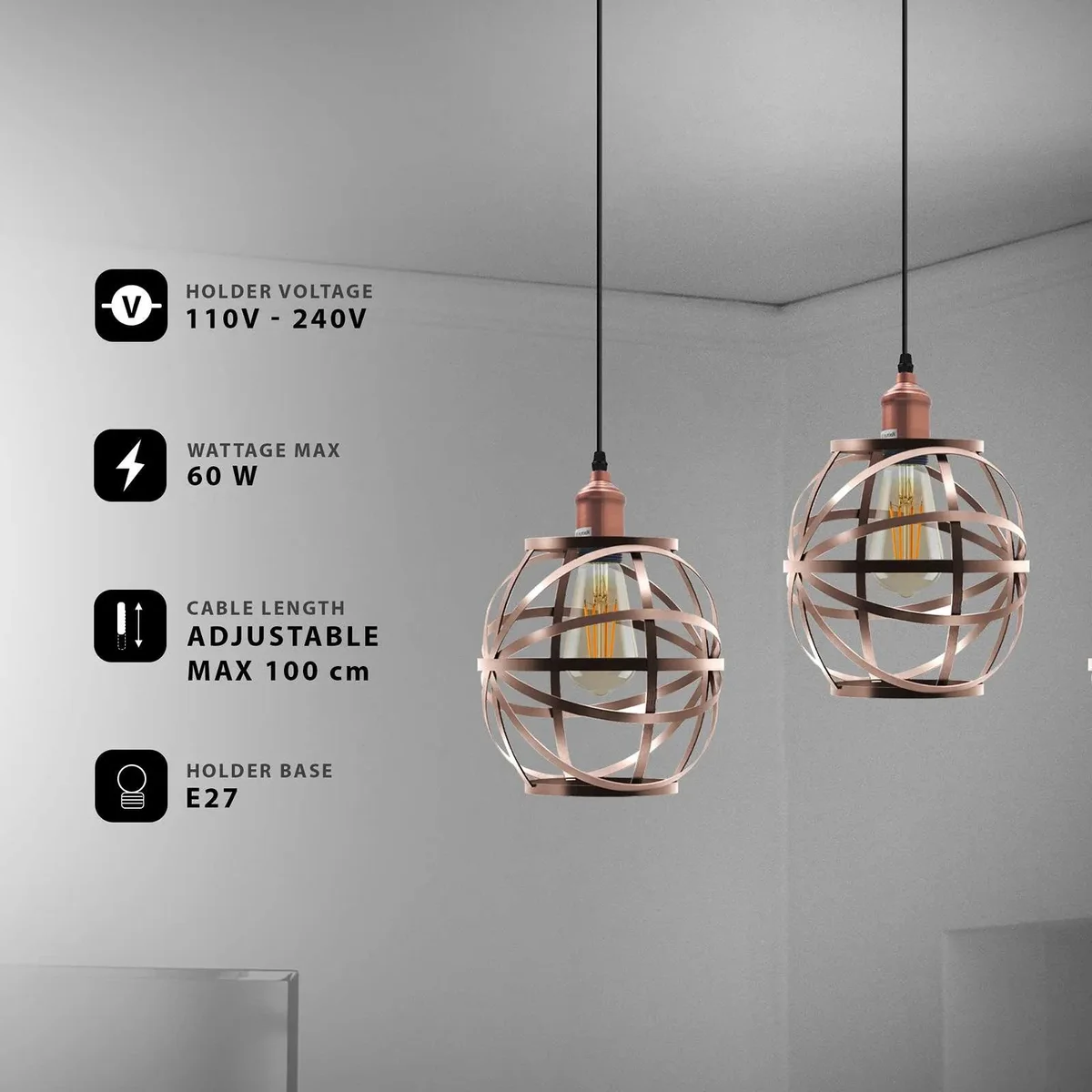 Three head wire cage E27 bulb pendant light with adjustable cables and industrial metal design hanging from ceiling