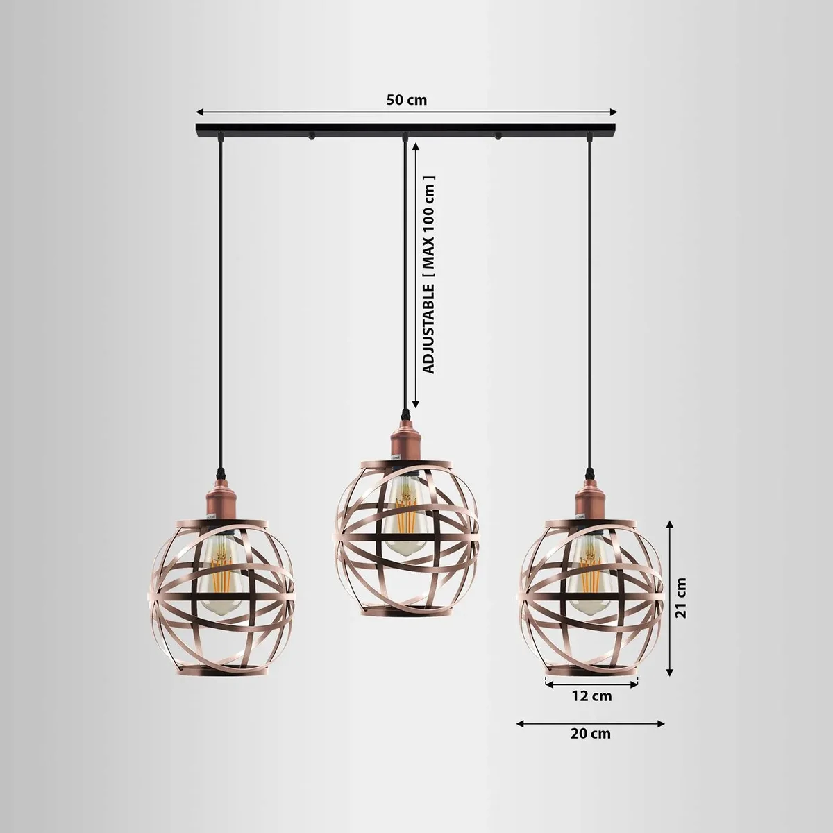 Three head metal pendant lamp with wire cage shades, adjustable cables, and industrial style ceiling rose in black finish