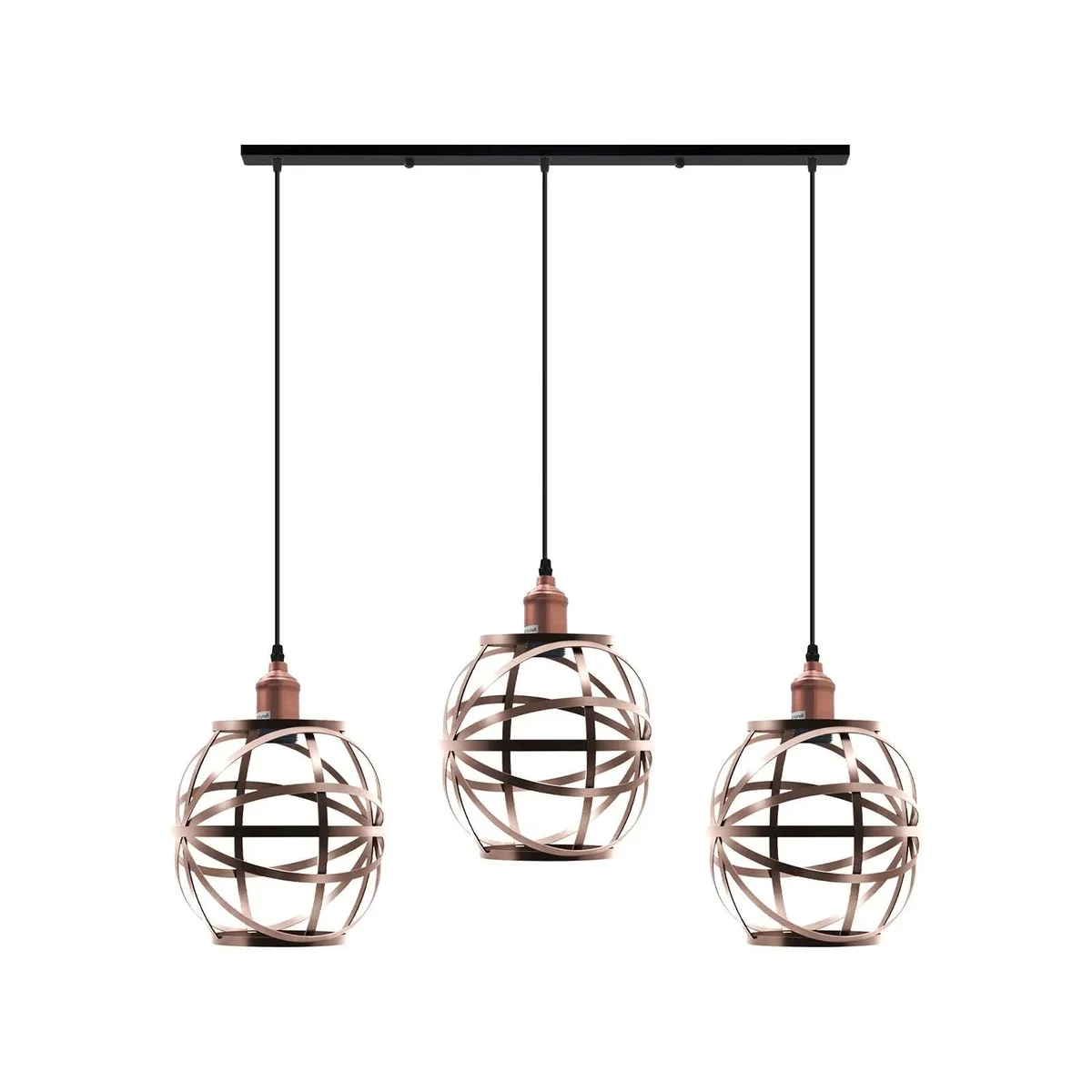 3 head pendant light with three wire cage shades in industrial metal design, ceiling mounted with adjustable cable length