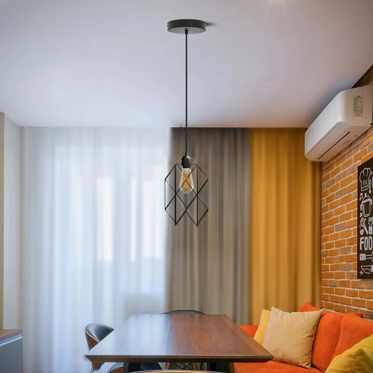 Black vintage pendant light with metal wire cage shade hanging from ceiling, modern industrial design, dimmable feature