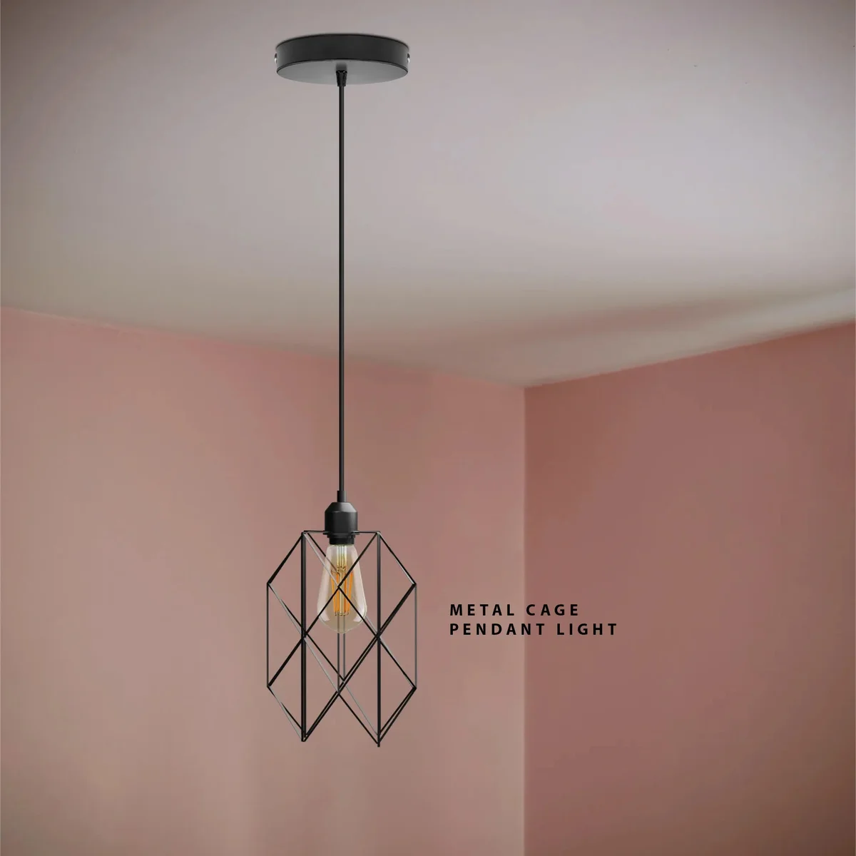 Black ceiling light with vintage metal wire cage shade hanging from ceiling, modern industrial design, dimmable pendant lamp