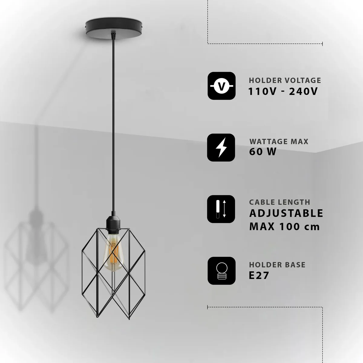 Black vintage metal cage dimmable pendant lamp with E27 bulb holder hanging from ceiling with 1m PVC cord