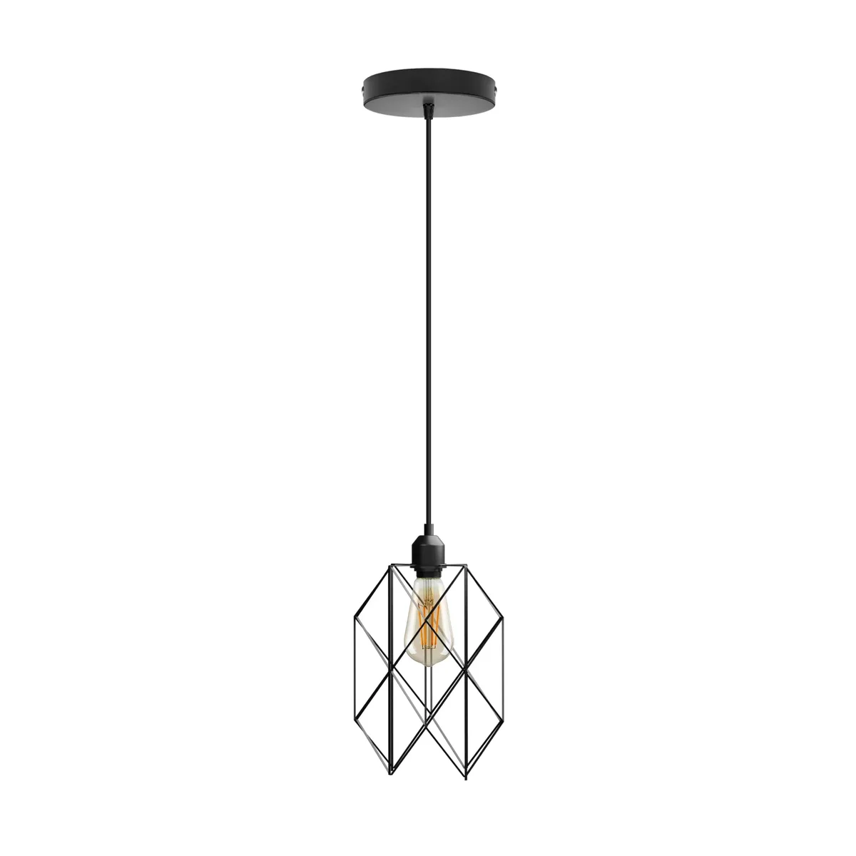 Black vintage metal cage industrial ceiling light pendant with 1m cable and dimmable E27 bulb holder hanging from ceiling