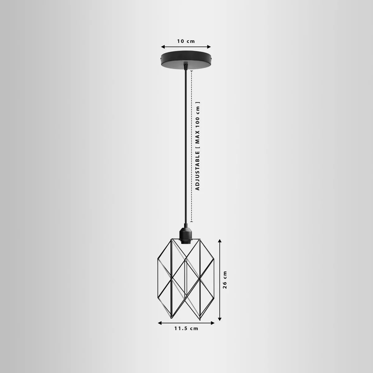 Black vintage pendant light with metal cage shade hanging from ceiling, modern industrial style, dimmable with E27 bulb