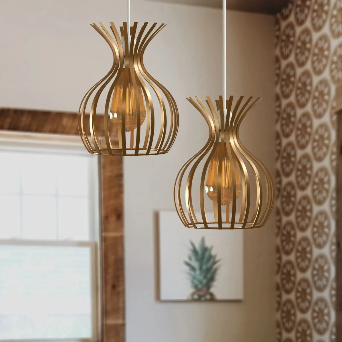 Copper metal wire cage indoor pendant lamp shade with vase shape and open design, suitable for E27 bulbs, 19cm wide, 26cm high