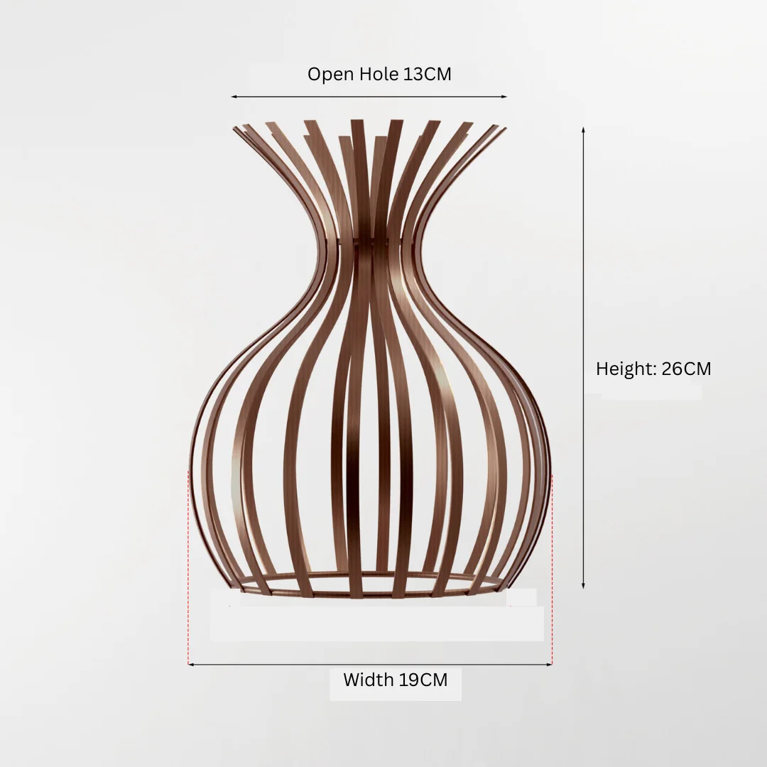 Copper metal wire cage semi-flush mount lampshade with open vase shape, 19cm wide and 26cm tall for indoor use