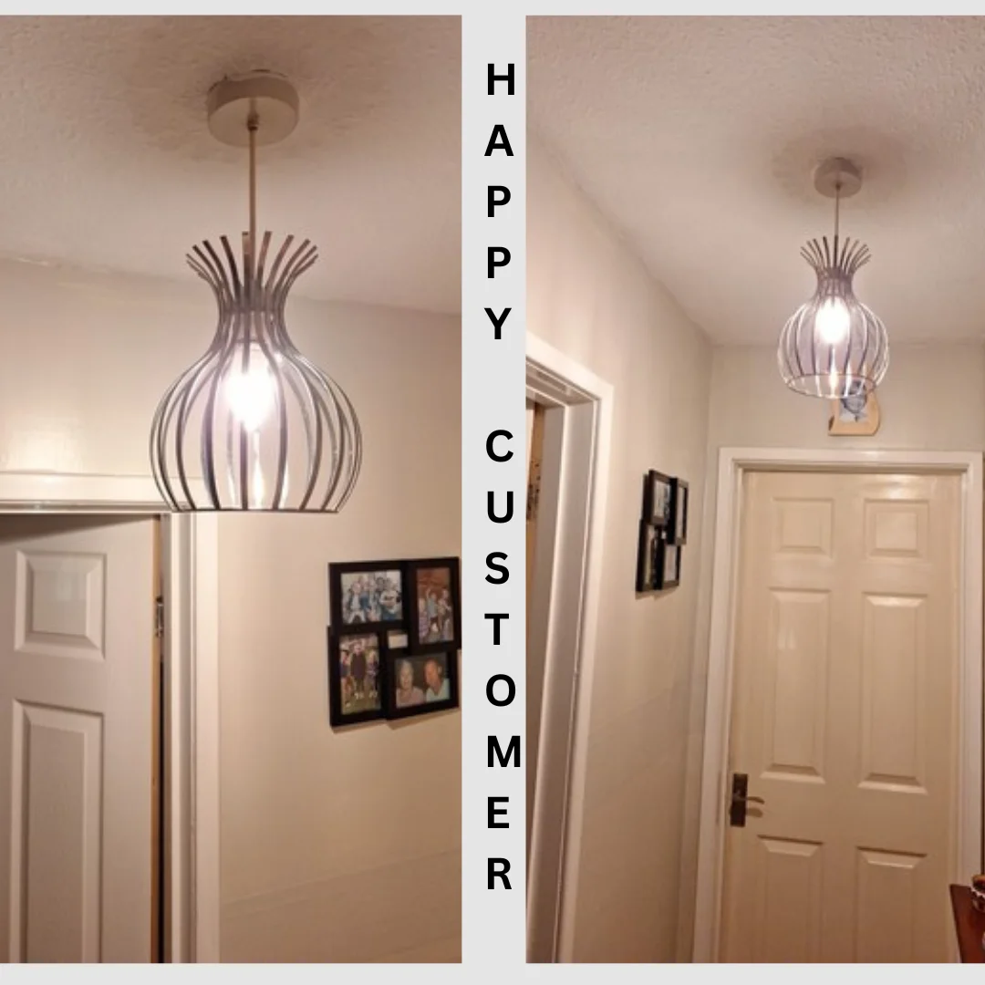 Modern copper wire cage lampshade with open vase shape, painted finish, shown hanging indoors against a plain background