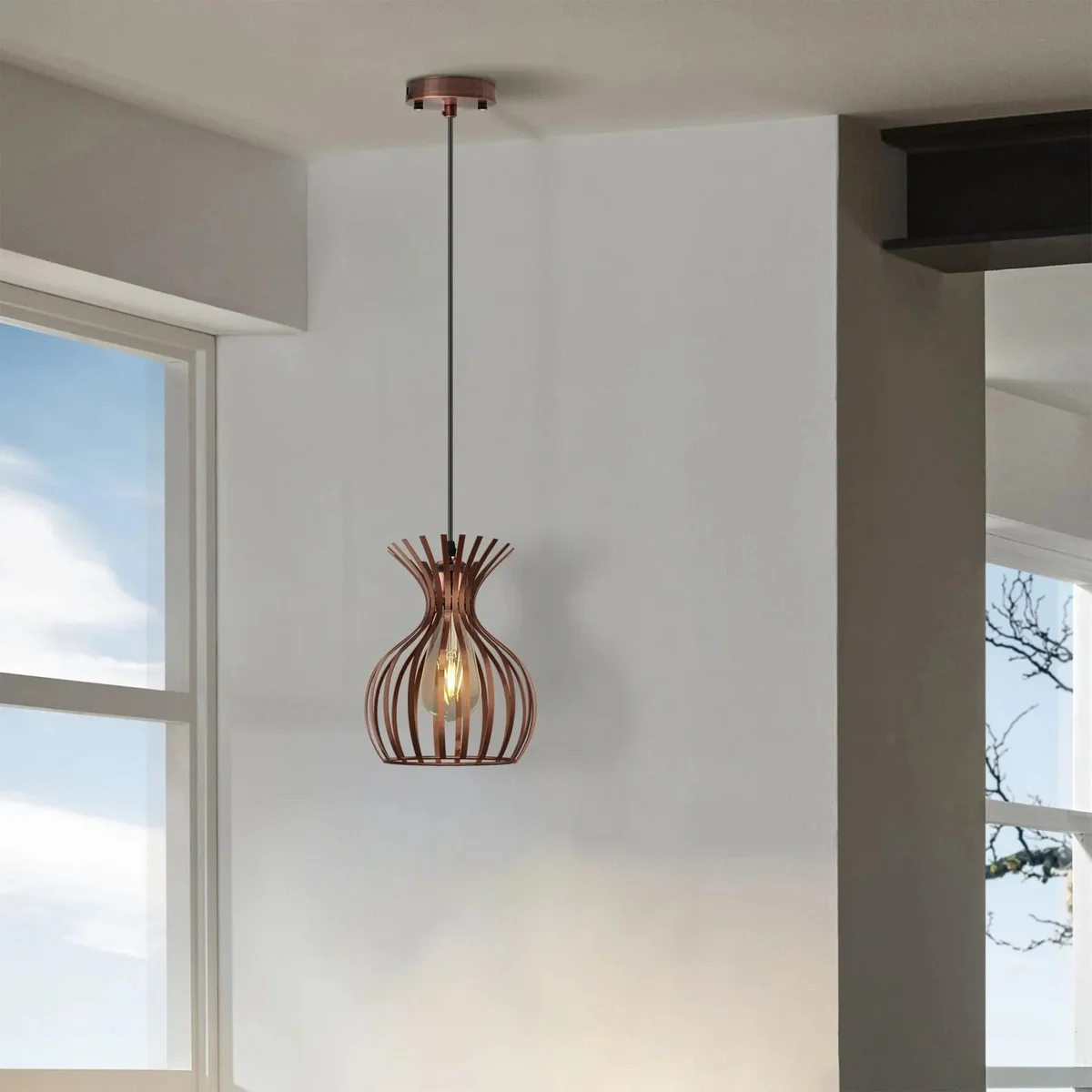 Copper metal wire cage pendant light with vintage design and adjustable cable, suitable for indoor ceiling mounting