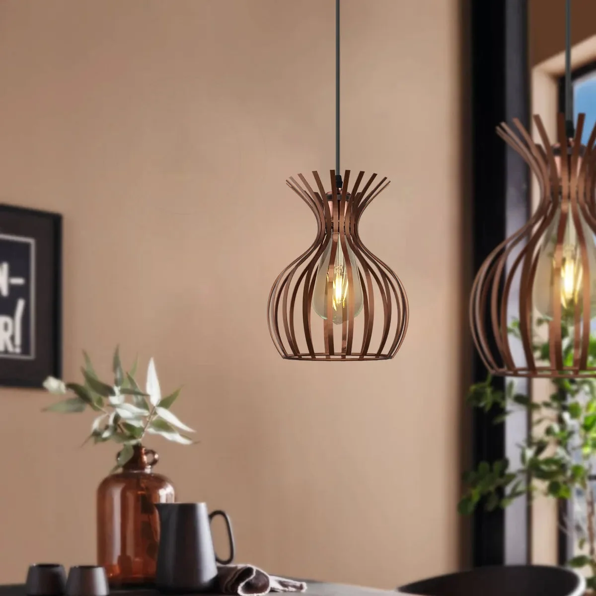 Copper metal wire cage vintage pendant light with adjustable cable and E27 bulb holder, ceiling mounted design