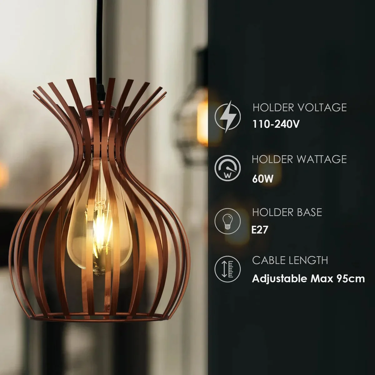 Copper metal wire cage pendant light with adjustable cable, vintage style, ceiling mounted, 95cm cable length