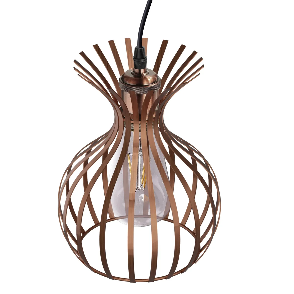 Copper metal wire cage E27 bulb pendant light hanging from ceiling with adjustable cable in vintage industrial style