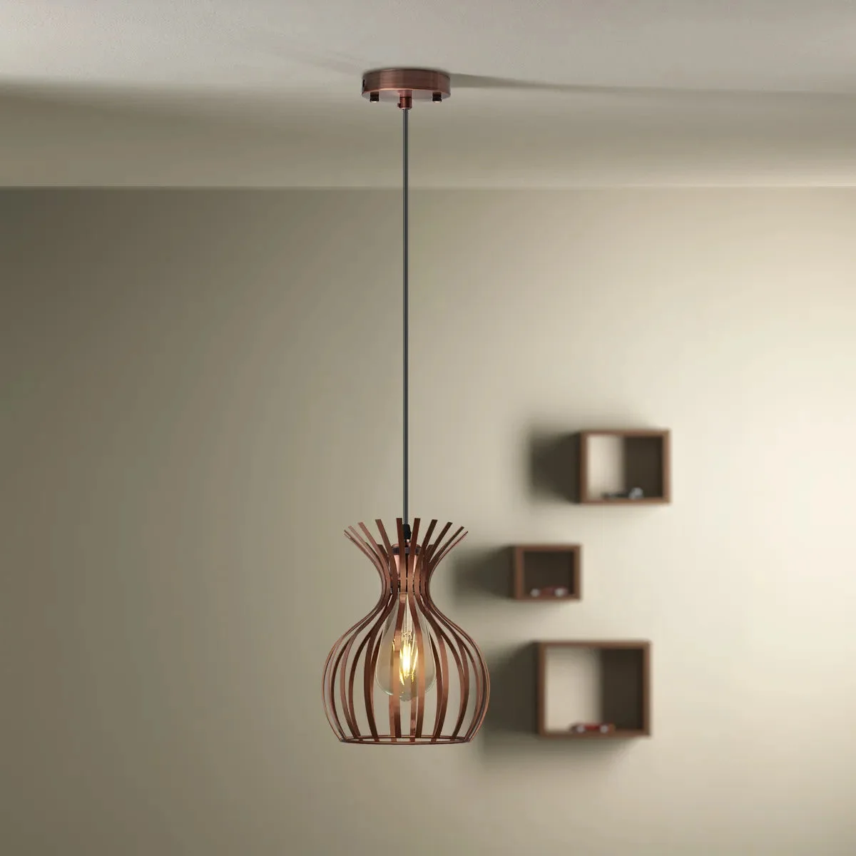 Copper wire cage light pendant with vintage metal design, adjustable cable, and E27 bulb holder hanging from ceiling