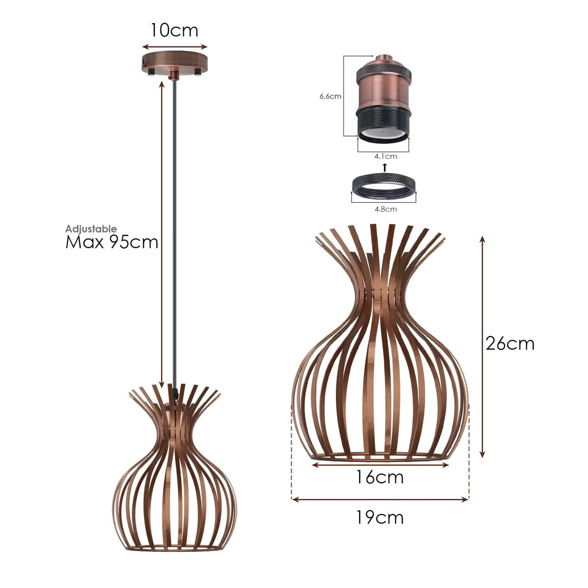 Copper metal wire cage pendant light with vintage design hanging from ceiling, adjustable cable length visible