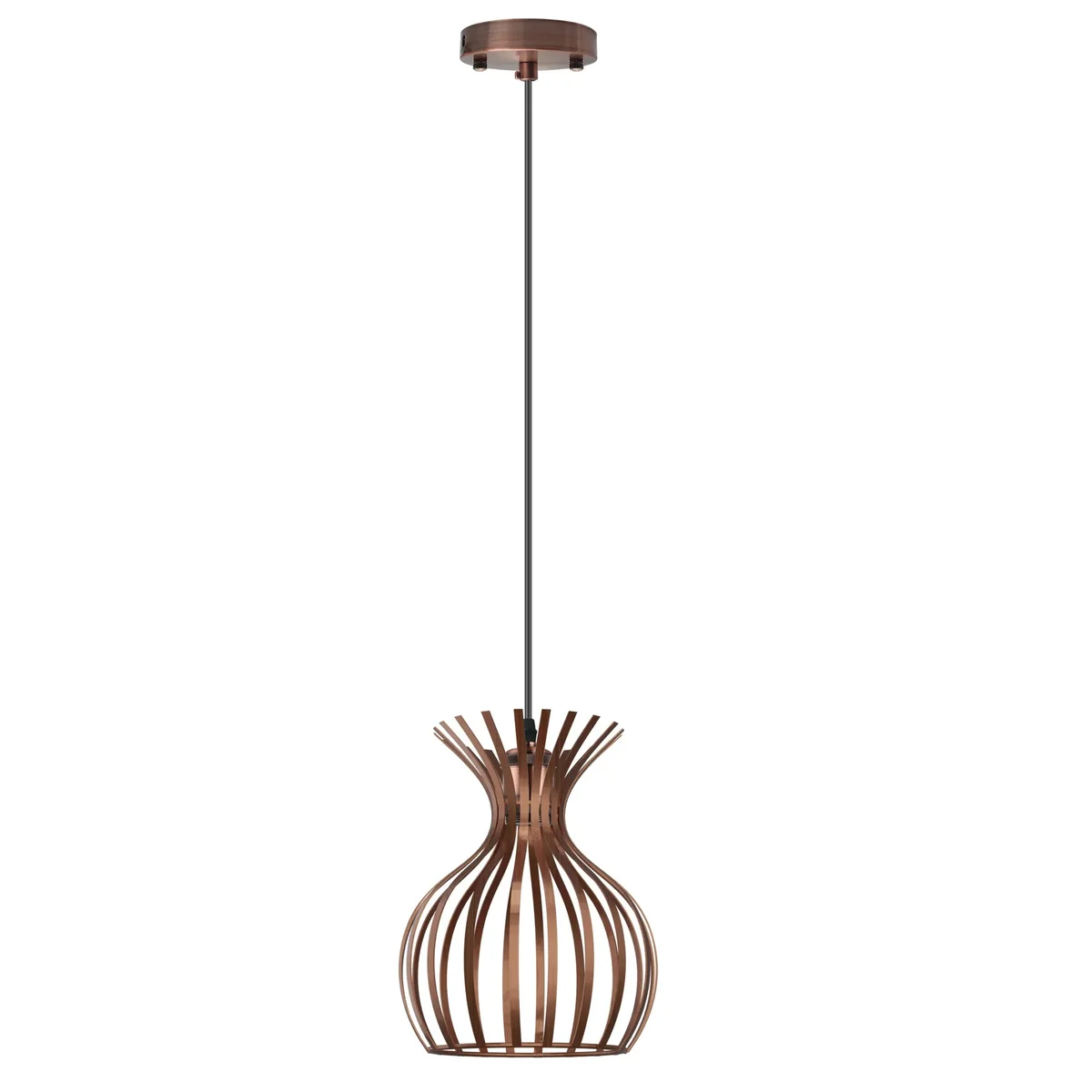 Copper metal wire cage pendant light hanging from ceiling with adjustable cable, vintage industrial design, E27 bulb holder