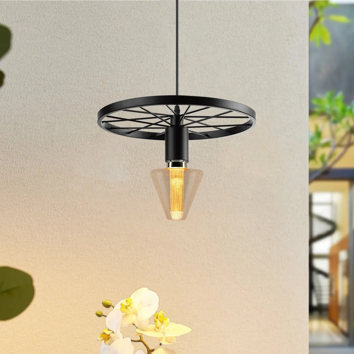 Vintage industrial metal wheel pendant chandelier with exposed E27 bulbs and distressed finish ceiling light fixture