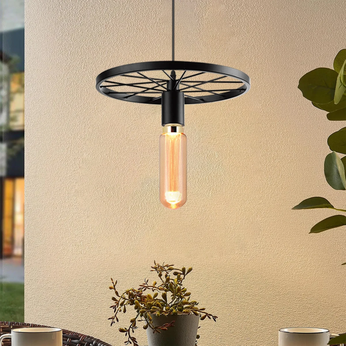 Vintage industrial metal pendant lamp with wheel design, exposed bulbs, and distressed finish ceiling chandelier