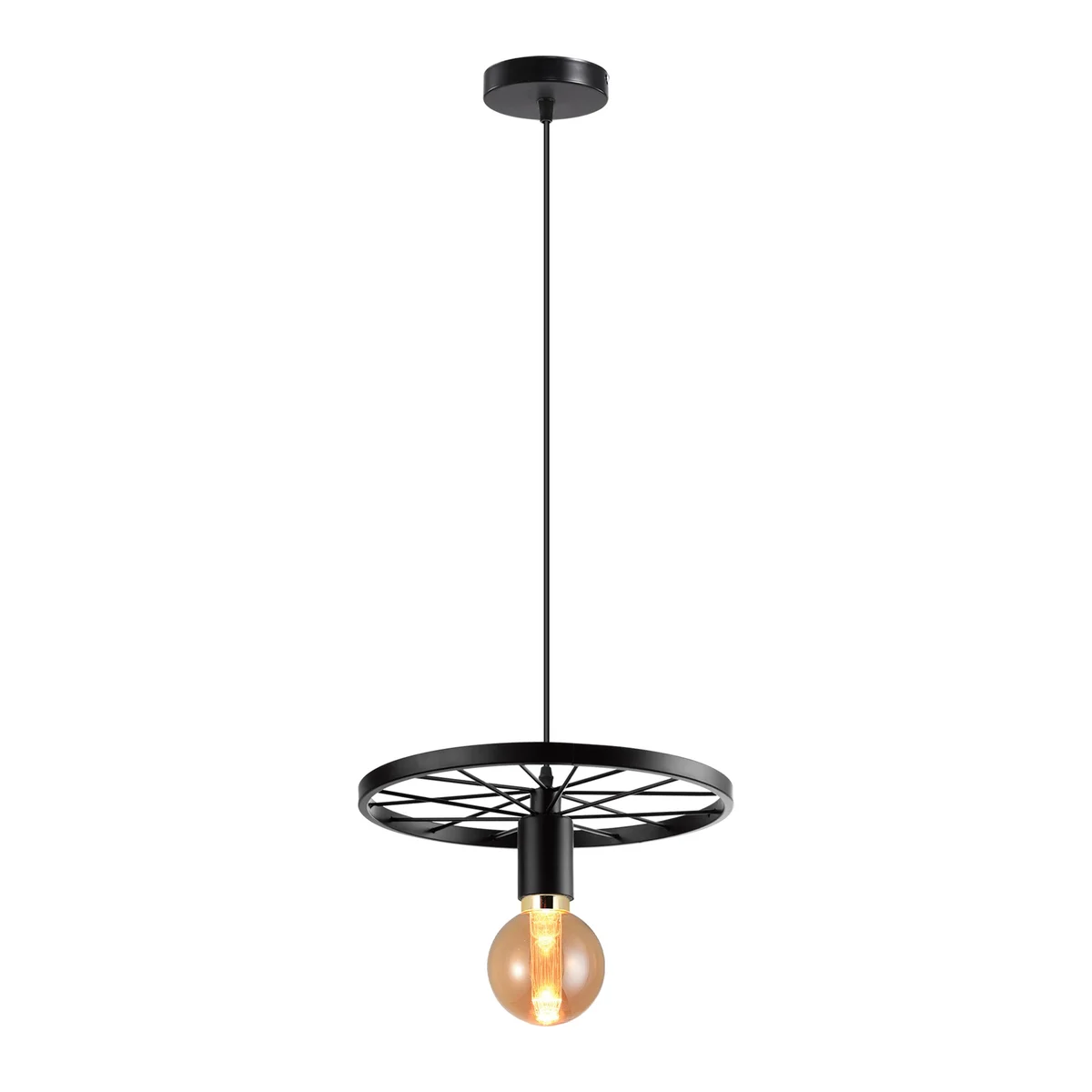Vintage industrial pendant light with metal wheel frame and exposed E27 bulbs, ceiling mounted in a retro style room setting