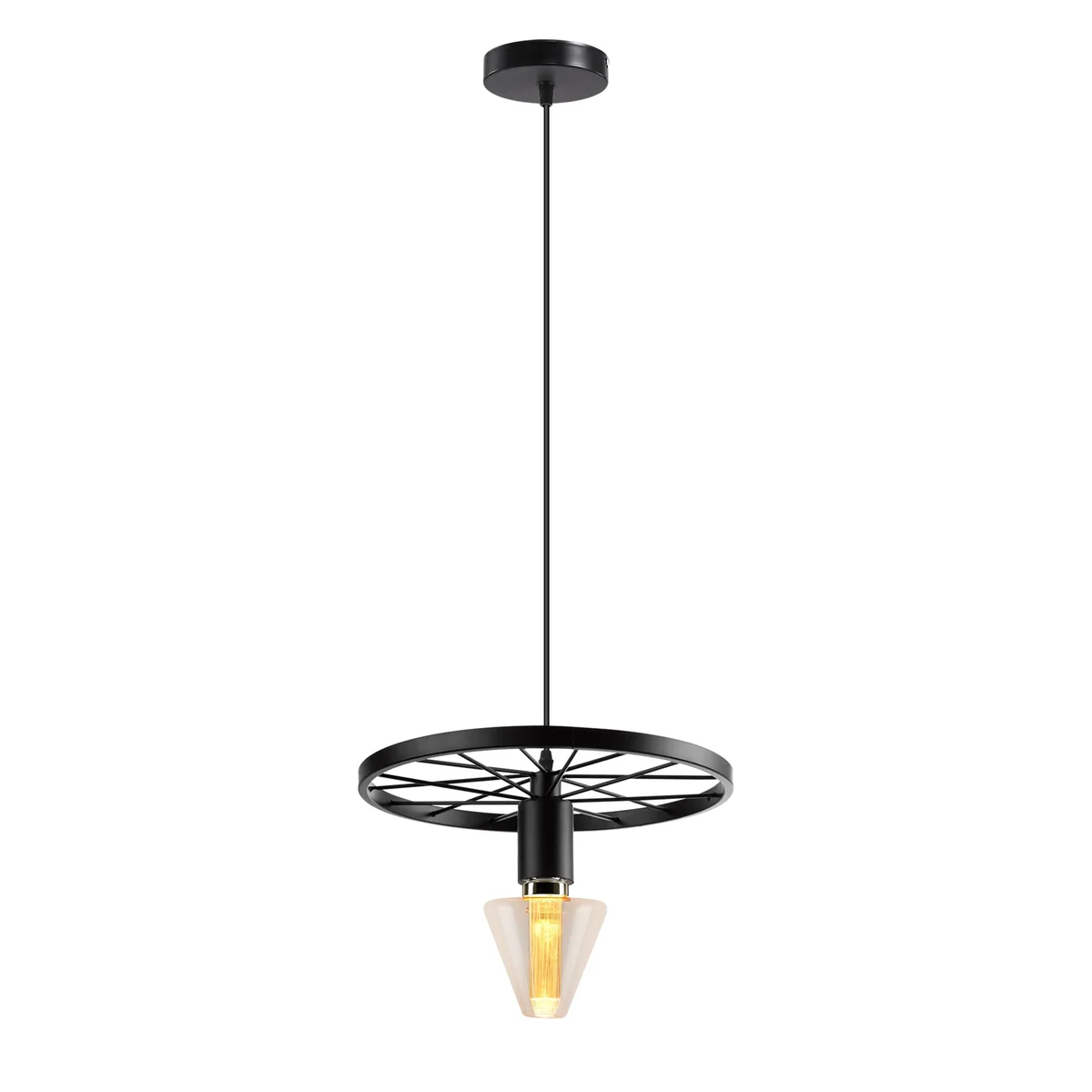 Vintage industrial pendant light with metal wheel design and exposed bulbs hanging from ceiling in retro style room