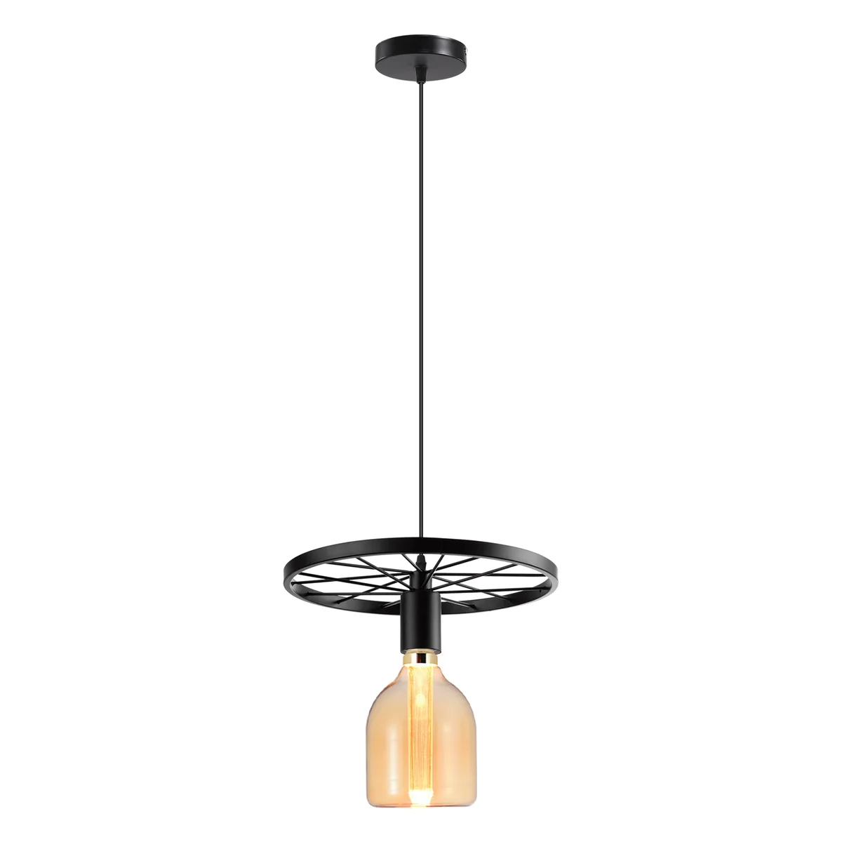 Vintage industrial pendant light with metal wheel design and multiple exposed E27 bulbs hanging from ceiling